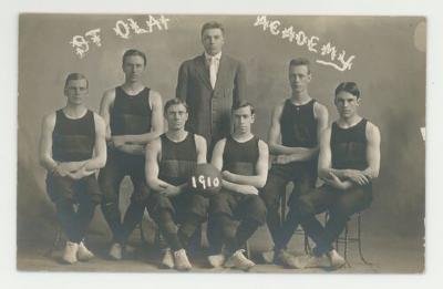 St. Olaf Academy men's  1910 basketball team postcard