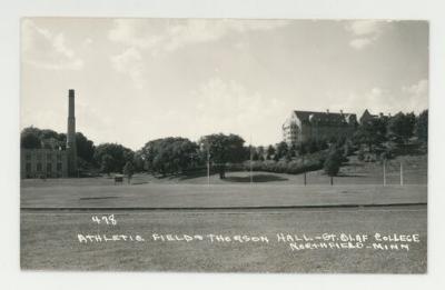 Athletic field and Thorson Hall postcard