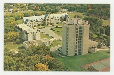 Thorson, Ellingson, and Mohn Halls aerial view postcard