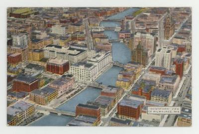 Aerial view of downtown Milwaukee postcard