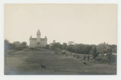 Cow fields in front of Old Main postcard