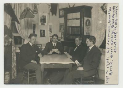 Students playing cards in the old Ytterboe Hall postcard