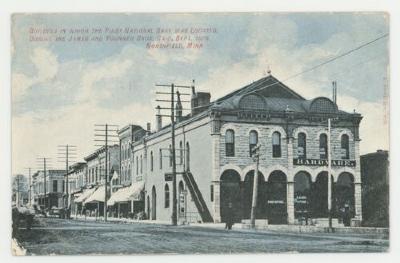 Building in which the First National Bank was located during the James and Younger Brothers raid postcard