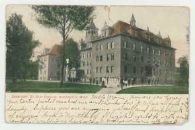 Students gathering in front of the old Ytterboe Hall postcard