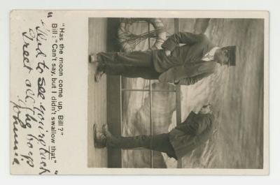 Man getting sick overboard postcard