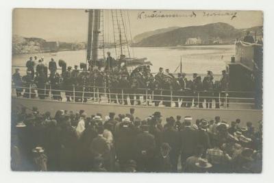 St. Olaf College band arrival in Kristiansund Norway postcard #1