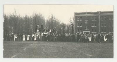 Football game in front of Mohn Hall postcard