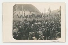 Arrival of the St. Olaf College band on the Andenaes to a coastal city in Norway postcard #1