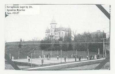 St. Olaf tennis courts and college building postcard