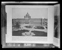 Photograph of a book page of museums and statue of Maria Theresa, Vienna (1727)