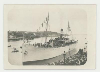 Arrival of the St. Olaf College band on the Andenaes to a coastal city in Norway postcard #3