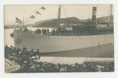 Arrival of the St. Olaf College band on the Andenaes to a coastal city in Norway postcard #2