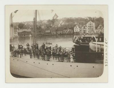 Band members playing on the Andenas in port in Stavanger Norway postcard