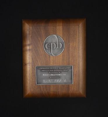 Pewter and wood plaque "CPB Corporation for Public Broadcasting 1992 Local Radio Development Award for Excellence in Marketing Promotion presented to WCAL-AM/FM"