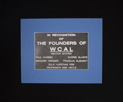 Blue and black "Founders of WCAL" plaque