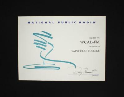 National Public Radio Member 1991 Licensed to Saint Olaf College certificate