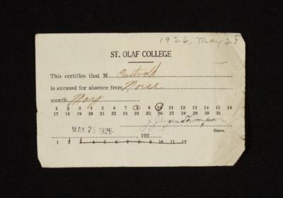 1926 St. Olaf College excused absence card