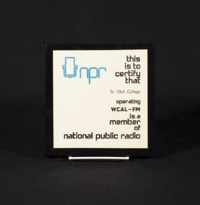 WCAL National Public Radio certification plaque