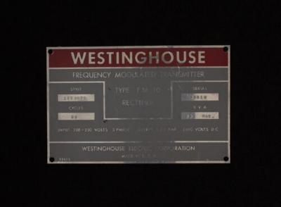 Westinghouse Type FM-10 Frequency Modulated Transmitter plate