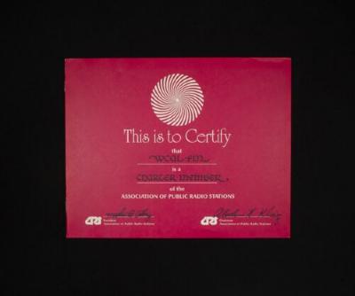 Charter Member of the Association of Public Radio Stations certificate