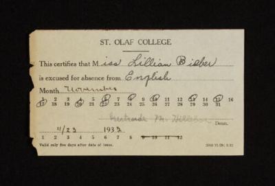 1933 St. Olaf College excused absence card