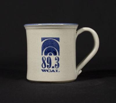 Red Wing Stoneware gray and blue mug with writing "89.3 WCAL"