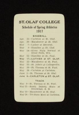 St. Olaf College 1917 "Schedule of Spring Athletics" card