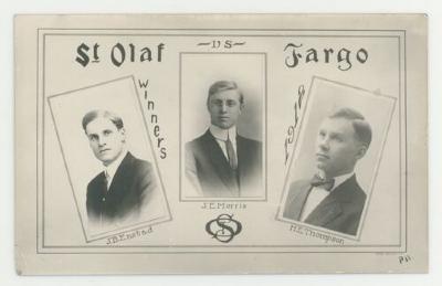 St. Olaf College vs Fargo debater postcard