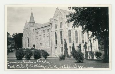 St. Olaf College administrative building foliage postcard