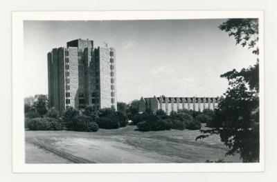 The men's tower dormitory and Ellingson Hall postcard