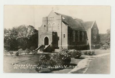 Hoyme Memorial Chapel front entrance foliage postcard