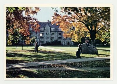 Students in front of Agnes Mellby Hall postcard