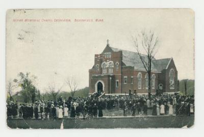 People gathering for the Hoyme Memorial Chapel dedication postcard