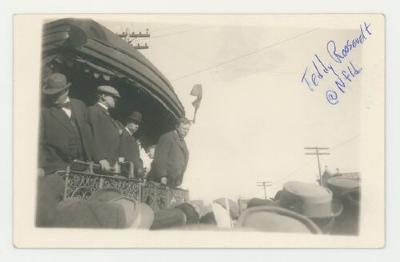 Theodore Roosevelt giving a speech from a train postcards