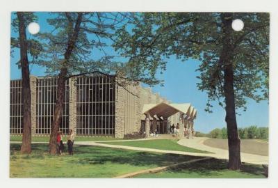 People in front of the St. Olaf Center postcards